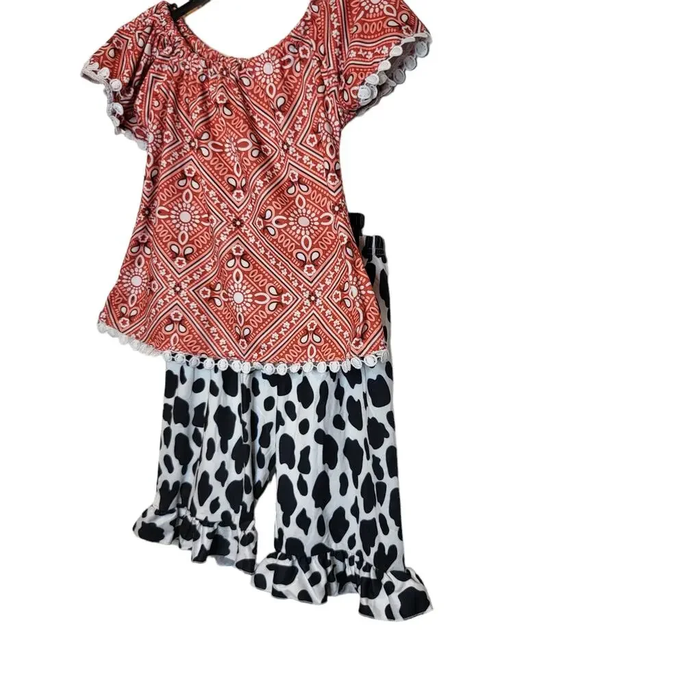 Girls Western Cow Print Bandana Pattern 2 pieces set sz 4/5 XL